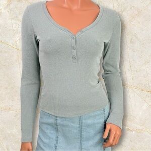Y2K Hollister Henley Top S Gray Ribbed Knit Scoop Neck Bella 90s Grunge Preppy